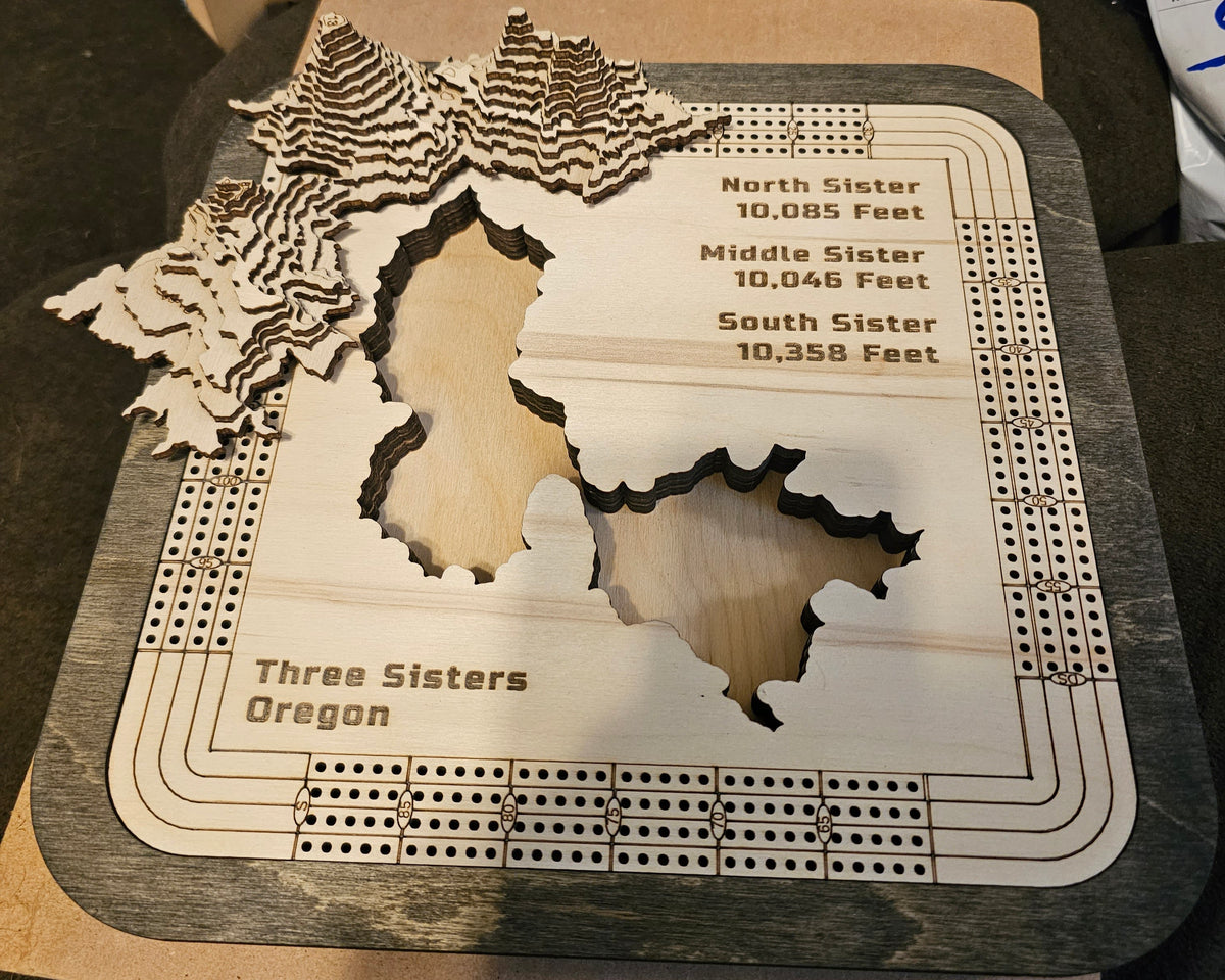 Custom Cribbage Board Mountain Topography Three Sisters Oregon